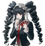  1girl bangs black_hair black_jacket black_nails blunt_bangs blush bonnet card celestia_ludenberg commentary_request dangan_ronpa:_trigger_happy_havoc dangan_ronpa_(series) drill_hair eyebrows_visible_through_hair gothic_lolita grey_background holding holding_card jacket lolita_fashion long_hair long_sleeves malga_(milky721) necktie open_clothes open_jacket parted_lips red_eyes red_neckwear shirt simple_background solo twin_drills upper_body white_shirt 