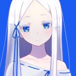  1girl absurdres bare_shoulders blue_background blue_eyes blue_ribbon camui1104 closed_mouth facing_viewer highres long_hair looking_at_viewer off_shoulder pandora_(re:zero) portrait re:zero_kara_hajimeru_isekai_seikatsu ribbon silver_hair simple_background smile solo 