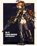  1girl ass breasts brown_eyes character_name damaged diaclone dual_wielding gun highres holding holding_gun holding_weapon looking_back mecha_musume medium_breasts moyan orange_hair personification procreate_(medium) science_fiction solo strike_buffalo thigh-highs weapon 