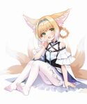  1girl :d absurdres almond_(gun) animal_ear_fluff animal_ears arknights bangs bare_shoulders blonde_hair blue_hairband blush braid commentary_request eyebrows_visible_through_hair flower fox_ears fox_girl fox_tail frilled_skirt frills full_body green_eyes grey_background hair_rings hairband hand_up head_tilt highres index_finger_raised kitsune knees_up lily_of_the_valley multicolored_hair no_shoes open_mouth pantyhose purple_skirt shirt simple_background sitting skirt smile soles solo suzuran_(arknights) tail twin_braids two-tone_hair white_hair white_legwear white_shirt 