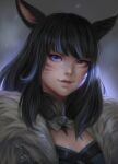  1girl animal_ears bangs black_hair cat_ears close-up commission facial_mark final_fantasy final_fantasy_xiv freckles heterochromia highres lianeige lips long_hair looking_at_viewer miqo&#039;te solo whisker_markings 