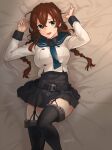  1girl bangs bed belt black_sailor_collar black_shirt black_skirt braid brown_hair commentary_request dress_shirt feet_out_of_frame furufuru_fugu garter_straps green_eyes highres kantai_collection long_sleeves looking_at_viewer lying noshiro_(kancolle) pleated_skirt remodel_(kantai_collection) sailor_collar sailor_shirt school_uniform serafuku shirt skirt solo swept_bangs thigh-highs twin_braids twitter_username undershirt 