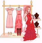  1girl aerith_gainsborough artist_name barefoot bow braid braided_ponytail brown_hair clothes_hanger dress drill_hair ecco final_fantasy final_fantasy_xiv hair_bow highres jewelry necklace pink_dress red_dress simple_background smile toes twin_drills 