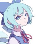  1girl absurdres bangs blue_bow blue_eyes blue_hair bow cirno closed_mouth collared_shirt eyebrows_behind_hair from_side hair_bow highres ice ice_wings kame_(kamepan44231) looking_at_viewer neck_ribbon red_neckwear red_ribbon ribbon shirt short_hair simple_background solo touhou upper_body white_background white_shirt wings 
