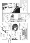  2girls back_bow bow chair cosplay doujinshi greyscale highres indoors long_hair lying maribel_hearn maribel_hearn_(cosplay) monochrome multiple_girls needle on_back pencil school_uniform scissors sewing sewing_needle sitting sketch sleeveless_sweater table torii_sumi touhou translation_request 