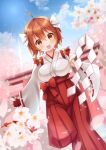  1girl :d bell bow brown_eyes brown_hair cherry_blossoms densetsu_no_miko fingerless_gloves gloves gohei hair_bow hakama hinomaru_kaede japanese_clothes kimono looking_at_viewer miko minkusu open_mouth petals red_bow red_gloves red_hakama short_hair signature sky smile solo standing standing_on_one_leg torii waist_bow white_bow white_kimono 
