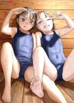  2girls barefoot black_hair blue_eyes blue_swimsuit breasts brown_eyes brown_hair covered_navel flat_chest highres looking_at_viewer mu-pyon multiple_girls one_eye_closed original school_swimsuit shading_eyes short_hair sitting small_breasts soles swimsuit toes tongue tongue_out wooden_floor wooden_wall 