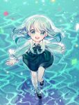  1girl :d aqua_eyes aqua_hair aqua_theme long_sleeves mary_janes mechuragi neck_ribbon ocean open_mouth original ribbon ripples running shirt shoes skirt smile socks solo water 