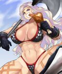  1girl amazon amazon_(dragon&#039;s_crown) anagumasan armor armored_boots axe battle_axe bikini bikini_armor black_footwear black_gloves blue_sky boots breasts clouds dragon&#039;s_crown eating food gloves highres holding holding_weapon large_breasts long_hair meat navel silver_bikini silver_hair sky swimsuit tattoo thigh_tattoo turkey_(food) turkey_leg violet_eyes weapon 