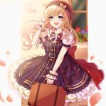  1girl :d bag bangs belt beret blonde_hair blue_eyes blurry blush bow breasts collarbone commentary_request cowboy_shot depth_of_field dress earrings eyebrows_visible_through_hair flower frills gloves hand_up hat highres holding idolmaster idolmaster_cinderella_girls jewelry komari_mhy large_breasts long_hair looking_at_viewer multicolored multicolored_clothes multicolored_dress official_alternate_costume ootsuki_yui open_mouth outdoors petals plaid plaid_dress puffy_short_sleeves puffy_sleeves short_sleeves smile solo suitcase upper_teeth white_gloves window wrist_cuffs 