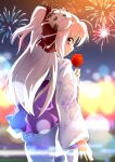  1girl bangs black_bow black_scrunchie blurry blurry_background bokeh bow candy_apple cat_mask closed_mouth commentary depth_of_field fireworks floral_print food from_behind hair_bow hair_ornament hair_scrunchie highres holding holding_food huracan_(vivid_strike!) japanese_clothes kashima_fumi kimono long_hair long_sleeves looking_at_viewer looking_back lyrical_nanoha mask mask_on_head night night_sky obi one_side_up outdoors print_kimono rinne_berlinetta sash scrunchie silver_hair sky smile solo standing violet_eyes vivid_strike! white_kimono 