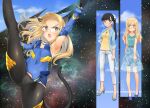  2girls animal_ears aohashi_ame arm_up armpits bangs black_eyes black_legwear black_sky blonde_hair blue_bodysuit blue_footwear blue_gloves blue_jacket blue_skirt blue_sky blunt_bangs blush bodysuit breasts capri_pants casual cat_ears cat_tail character_name closed_mouth clouds cloudy_sky commentary_request covered_navel day elbow_gloves eyebrows_visible_through_hair floral_print frown glasses gloves green_shirt grey_panties hair_ribbon hand_on_hip high-waist_skirt high_heels highres jacket jewelry leg_up legs light_frown long_hair looking_at_viewer medium_skirt multiple_girls necklace no_legwear open_clothes open_jacket open_mouth panties panties_under_pantyhose pants pantyhose perrine_h_clostermann ponytail print_skirt ribbed_shirt ribbon rimless_eyewear sakamoto_mio shirt skirt sky sleeveless sleeveless_shirt small_breasts smile standing star_(sky) starry_sky strike_witches tail textless translation_request underwear v-shaped_eyebrows white_pants white_ribbon world_witches_series yellow_eyes yellow_shirt 