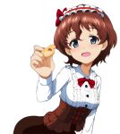  1girl akaboshi_koume arched_back blue_eyes blurry blush bow bowtie breasts brown_hair brown_skirt collared_shirt cookie corset depth_of_field eyebrows_visible_through_hair food foreshortening frilled_shirt frills girls_und_panzer girls_und_panzer_senshadou_daisakusen! hair_between_eyes hair_bow hairband holding holding_cookie holding_food kayabakoro lolita_hairband long_sleeves open_mouth outstretched_arm red_bow shirt short_hair skirt small_breasts wavy_hair white_background white_shirt 