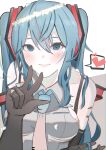  1girl bare_shoulders black_gloves blue_eyes blue_hair blue_neckwear blush closed_mouth collared_shirt commentary_request dress_shirt elbow_gloves gloves gradient_neckwear grey_background grey_shirt hair_between_eyes hatsune_miku heart highres holding holding_hair long_hair looking_at_viewer necktie shiny shiny_hair shirt shoulder_tattoo simple_background sleeveless sleeveless_shirt smile solo tattoo turn3341 twintails vocaloid white_background yellow_neckwear 