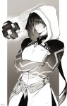  1boy closed_mouth crossed_arms genshin_impact greyscale hair_between_eyes highres homare_(g_hmr88) hood hood_up hooded_robe long_hair looking_at_viewer male_focus monochrome ponytail robe signature simple_background solo very_long_hair zhongli_(archon)_(genshin_impact) zhongli_(genshin_impact) 