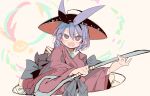  1girl bowl bowl_hat hat highres japanese_clothes kimono ma_sakasama needle obi purple_hair sash sukuna_shinmyoumaru touhou violet_eyes weapon 