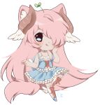  1girl :p animal_ears backpack blue_eyes blush boots chibi cutesu dress hair_over_one_eye hand_on_own_cheek horns leaf_on_head madoka_(sinamuna) original pink_hair plant_on_head solo sprout sprout_on_head symbol-shaped_pupils tail tongue wing_ears winged_backpack winged_boots winged_footwear wings 