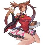 1girl absurdres bangs baozi bare_shoulders breasts brown_eyes brown_hair chinese_clothes closed_mouth covered_nipples detached_sleeves dress food frilled_skirt frills guilty_gear guilty_gear_x guilty_gear_xx hair_ornament hair_ring hairclip highres holding holding_food holding_plate knees_together_feet_apart kuradoberi_jam long_hair looking_at_viewer medium_breasts plate red_dress simple_background sitting skirt solo twintails uncle_rabbit_ii very_long_hair white_background wide_sleeves