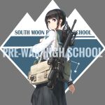  1girl assault_rifle bag bangs black_hair black_sailor_collar black_skirt blouse carrying closed_mouth commentary_request emblem english_text from_behind grey_background gun light_frown long_sleeves looking_at_viewer looking_back medium_skirt original pleated_skirt rifle sailor_collar satchel school_uniform scope serafuku short_hair sidelocks skirt solo standing tanto_(tc1995) violet_eyes weapon weapon_request white_blouse 