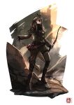  1girl absurdres animal_ears arknights arrow_(projectile) black_gloves bow_(weapon) brown_hair ezraqi gloves green_eyes highres horse_ears horse_girl horse_tail long_hair meteor_(arknights) pulling_arrow solo standing tail weapon 