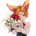 1girl animal_ears blue_eyes blue_flower blueorca bouquet eyes_visible_through_hair flower fox_ears holding holding_bouquet looking_at_viewer medium_hair object_hug one_eye_closed orange_hair original parted_lips red_flower red_neckwear red_rose rose short_eyebrows simple_background smile solo upper_body white_background white_flower 