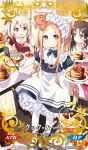  3girls :d abigail_williams_(fate) alternate_hairstyle apron aqua_eyes black_hair blonde_hair blue_dress blue_legwear blueberry bottle card_(medium) chocolate_syrup craft_essence dress fate/grand_order fate_(series) food fruit holding holding_bottle holding_food holding_fruit holding_plate holding_spatula illyasviel_von_einzbern mary_janes multiple_girls namori open_mouth pancake plate puffy_short_sleeves puffy_sleeves raspberry red_eyes sesshouin_kiara_(lily) shoes short_sleeves silver_hair smile spatula squeeze_bottle strawberry striped twintails vertical-striped_dress vertical_stripes waist_apron yellow_eyes 