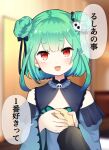  1girl absurdres blurry blurry_background commentary_request double_bun fang flat_chest green_hair hair_ornament highres hololive looking_at_viewer open_mouth pomepome823 pov pov_hands red_eyes short_hair translation_request uruha_rushia virtual_youtuber 