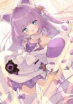  1girl animal_ears azur_lane backlighting bangs bare_shoulders bear_paws blue_eyes blunt_bangs blush boots bow breasts collarbone commentary_request eyebrows_visible_through_hair fake_animal_ears fur_choker hair_bow head_tilt headgear highres long_hair looking_at_viewer open_mouth purple_bow purple_hair small_breasts smile solo standing tashkent_(azur_lane) tashkent_(muse)_(azur_lane) thigh-highs thigh_boots very_long_hair waguri-rate white_legwear 