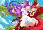  2girls animal_ears anklet bangs bike_shorts boots cat_ears cat_tail cure_chocolat cure_macaron dog_ears elbow_gloves fur-trimmed_boots fur_trim gloves hair_ornament hair_over_one_eye hat high_heel_boots high_heels in_tree jewelry kirakira_precure_a_la_mode mini_hat mini_top_hat multiple_girls mutyakai one_eye_closed precure purple_hair reclining red_eyes redhead tail thigh-highs thigh_boots top_hat tree violet_eyes 