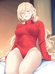  1girl bare_legs bed_sheet blonde_hair blue_eyes blush breasts closed_mouth eyebrows_visible_through_hair feet_out_of_frame groin highres kantai_collection large_breasts leotard long_hair long_sleeves mole mole_under_eye red_leotard ribbed_leotard richelieu_(kancolle) shingyou_(alexander-13) solo turtleneck_leotard 