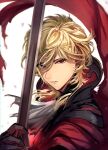  1boy blonde_hair cape coat commentary_request eldigan_(fire_emblem) fire_emblem fire_emblem:_genealogy_of_the_holy_war fire_emblem_heroes gloves haru_(nakajou-28) highres holding holding_sword holding_weapon long_hair male_focus red_coat red_eyes simple_background solo sword weapon white_background 