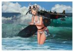  1girl ahoge aircraft airplane akitsushima_(kancolle) alternate_hairstyle australian_flag bikini blue_sky choker clouds commentary_request cowboy_shot day double_bun eyewear_on_head flying_boat grey_eyes grey_hair h8k highres kantai_collection looking_at_viewer nishikitaitei-chan outdoors side-tie_bikini sidelocks sky sunglasses surfboard swimsuit timmyyen waves white_bikini 