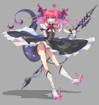 1girl :d absurdres black_dress blue_eyes boots closed_eyes detached_sleeves dragon_girl dragon_horns dragon_tail dress earrings elizabeth_bathory_(fate) elizabeth_bathory_(fate)_(all) eyebrows_visible_through_hair fang fate/extra fate/extra_ccc fate_(series) flat_chest floating_hair full_body grey_background hair_ribbon hand_up heart high_heel_boots high_heels highres holding holding_spear holding_weapon horns jewelry knee_boots large_tail long_hair long_sleeves looking_at_viewer nichi_(hibi_suimin) open_mouth outstretched_arm panties pink_hair pointy_ears polearm purple_horns purple_ribbon ribbon sarkany_csont_landzsa shadow simple_background skin_fang skinny smile solo spear striped striped_panties tail tail_raised underwear weapon white_footwear