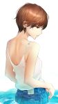  1girl absurdres akiramenai_otoko back bangs bare_arms bare_shoulders breasts brown_eyes brown_hair camisole denim from_behind half-closed_eyes highres looking_away original parted_lips profile short_hair sleeveless small_breasts solo standing wading water white_camisole 
