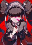  1girl bangs black_hair black_jacket black_nails blood blood_on_face bonnet celestia_ludenberg center_frills chikichi commentary_request dangan_ronpa:_trigger_happy_havoc dangan_ronpa_(series) drill_hair finger_to_own_chin frills from_above frown gothic_lolita highres index_finger_raised jacket lolita_fashion long_hair long_sleeves looking_at_viewer necktie pink_blood red_background red_eyes red_neckwear serious shirt simple_background solo twin_drills twintails upper_body 