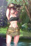  1girl armpits arms_up asymmetrical_bangs bangs belt black_bra blush bra breasts collarbone commentary_request cowboy_shot detached_sleeves eyebrows_visible_through_hair final_fantasy final_fantasy_xiii frown giniro_no_yatsu grass green_eyes green_shirt hair_between_eyes highres large_breasts lightning_farron long_hair looking_down midriff miniskirt navel outdoors pink_hair reflection shiny shiny_hair shirt single_sidelock skirt solo standing sweat sweatdrop toned tree underwear undressing wading water zipper 