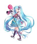  1girl :d auro_drm balloon blue_eyes blue_hair bow detached_sleeves dress frilled_dress frills full_body hatsune_miku highres holding holding_megaphone long_hair magical_mirai_(vocaloid) megaphone open_mouth pink_ribbon ribbon smile solo twintails vocaloid white_background yellow_bow 