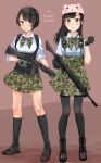  2girls aohashi_ame assault_rifle bangs black_eyes black_footwear black_gloves black_hair black_legwear blue_shirt blunt_bangs blush boots bow bowtie brown_eyes camouflage camouflage_neckwear camouflage_skirt character_name clenched_hand closed_mouth commentary_request cosplay cross-laced_footwear dress_shirt flat_cap gloves green_gloves green_neckwear green_skirt gun happy_new_year harness hat highres holding holding_gun holding_weapon kazari_sayako kneehighs little_armory loafers long_hair long_sleeves looking_at_viewer multiple_girls new_year pantyhose pleated_skirt radio real_life rifle romaji_text seiyuu sheep_hat shirt shoes short_hair short_sleeves side-by-side skirt sleeves_rolled_up smile standing straight_hair toujou_sayako toyosaki_ena toyosaki_ena_(cosplay) trigger_discipline underbust weapon weapon_request wing_collar 