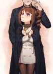  1boy 1girl brown_hair closed_mouth clothes_pull coat cowboy_shot crossed_arms double-breasted drill_hair drill_ponytail head_out_of_frame idolmaster idolmaster_million_live! idolmaster_million_live!_theater_days kamille_(vcx68) looking_up medium_hair pantyhose ponytail scratching_cheek scrunchie side_ponytail sidelocks simple_background thigh_gap trench_coat turtleneck violet_eyes yokoyama_nao 