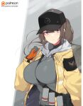  1girl bangs between_breasts blue_eyes blunt_bangs breasts brown_hair deele_(girls_frontline) genderswap genderswap_(mtf) girls_frontline hat highres hood hoodie huge_breasts long_hair ponytail smoke_grenade solo strap_between_breasts yanje 