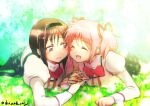  2girls ^_^ akemi_homura arm_support black_hair black_hairband black_legwear black_skirt blurry blurry_background cheek-to-cheek clenched_hand closed_eyes closed_mouth depth_of_field dot_nose eyebrows_visible_through_hair facing_viewer field flat_chest flower flower_field garden grass hair_ribbon hairband happy high_collar holding_hands juliet_sleeves kaname_madoka laughing light_blush light_particles light_rays light_smile long_sleeves looking_at_another looking_to_the_side lying mahou_shoujo_madoka_magica mitakihara_school_uniform multiple_girls neck_ribbon oka_(umanihiki) on_stomach open_mouth outdoors pink_hair plaid plaid_skirt puffy_sleeves red_ribbon ribbon school_uniform skirt sunlight tareme twintails twitter_username uniform violet_eyes white_flower white_legwear yuri 