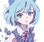  1girl absurdres bangs blue_bow blue_eyes blue_hair bow cirno collared_shirt hair_bow highres ice ice_wings kame_(kamepan44231) looking_at_viewer neck_ribbon open_mouth red_neckwear ribbon shirt short_hair short_sleeves simple_background solo touhou upper_body white_background white_shirt wings 