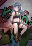  1girl absurdres asahi_rokka bang_dream! bangs bare_shoulders blush collarbone dated_commentary eyebrows_visible_through_hair full_body groin hair_between_eyes highres looking_to_the_side midriff navel patpang sidelocks sitting solo 