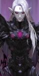  1boy armor black_armor black_sclera breastplate close-up colored_sclera colored_skin dark_elf earrings elf expressionless facial_mark forehead_mark hong_mil jewelry knight original pointy_ears red_eyes rubble shoulder_armor solo standing white_hair white_skin 
