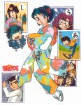  1980s_(style) 3girls 6+boys animal_print aqua_hair bird_print black_hair blue_eyes comb combing flower frown furisode grin hair_flower hair_ornament holding holding_comb horns index_finger_raised japanese_clothes kimono lightning_bolt_print logo long_hair long_sleeves lum mendou_shuutarou miyake_shinobu moroboshi_ataru multiple_boys multiple_girls official_art oni oni_horns pink_hair ran_(urusei_yatsura) retro_artstyle sandals sleeves_past_wrists smile tabi ten_(urusei_yatsura) tripping updo urusei_yatsura wide_sleeves 