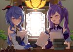  2girls ;d black_gloves blue_hair blush book braid double_bun ganyu_(genshin_impact) genshin_impact gloves hair_bun half-closed_eyes highres horns indoors keqing_(genshin_impact) multiple_girls one_eye_closed open_mouth pantyhose paper purple_hair raysricey scroll smile sweatdrop twintails violet_eyes window 