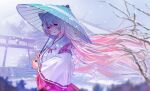  1girl animal_ear_fluff animal_ears bangs blue_umbrella blurry blurry_foreground cat_ears commentary_request day depth_of_field eyebrows_visible_through_hair floating_hair hair_between_eyes hakama holding holding_umbrella japanese_clothes kimono long_hair long_sleeves nijisanji nimra obi oil-paper_umbrella outdoors parted_lips pink_hair red_eyes red_hakama sash shiina_yuika snow solo torii tree_branch umbrella very_long_hair virtual_youtuber white_kimono wide_sleeves 