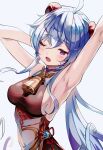  1girl ahoge armpits arms_up bangs bell blue_hair blush bodysuit breasts chinese_clothes cowbell curled_horns detached_sleeves eyebrows_visible_through_hair flower_knot from_side ganyu_(genshin_impact) genshin_impact hair_between_eyes highres horns jewelry long_hair looking_at_viewer looking_to_the_side luna_nyann medium_breasts multicolored multicolored_bodysuit multicolored_clothes one_eye_closed open_mouth sideboob sidelocks sleeveless solo tongue upper_body violet_eyes white_background 
