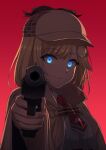  1girl aiming_at_viewer blonde_hair blue_eyes capelet commentary deerstalker eyebrows_visible_through_hair glowing glowing_eyes grin gun hair_ornament hat highres hololive hololive_english monocle_hair_ornament necktie red_background smile solo watson_amelia weapon weizen029 