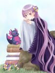  absurdly_long_hair artist_name book book_stack braid cloak commentary_request dress eyebrows_visible_through_hair fire_emblem fire_emblem:_the_binding_blade flower hair_flower hair_ornament knees_up long_hair purple_cloak purple_hair sakura_(sakurasnow55) simple_background sitting sophia_(fire_emblem) stuffed_animal stuffed_dragon stuffed_toy very_long_hair violet_eyes 